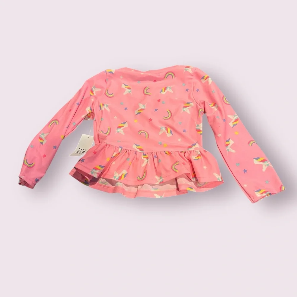 NWT Baby Gap Pink Rainbow Unicorns Two Piece Swimsuit With Ruffles Sz 2T